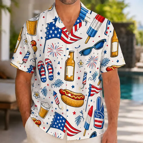 Patriotic Hot Dogs Beer And Fireworks For Summer Cookouts And Beach Holiday Trips Hawaiian Shirt