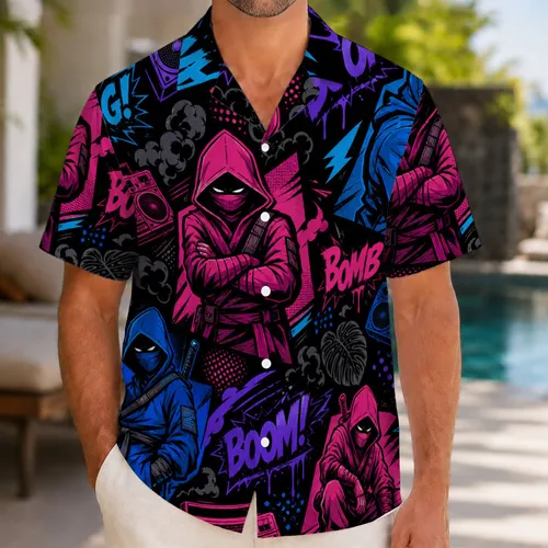 Masked Street Ninja Boombox Comic Neon Streetwear For Festivals And Nightlife Fans Hawaiian Shirt