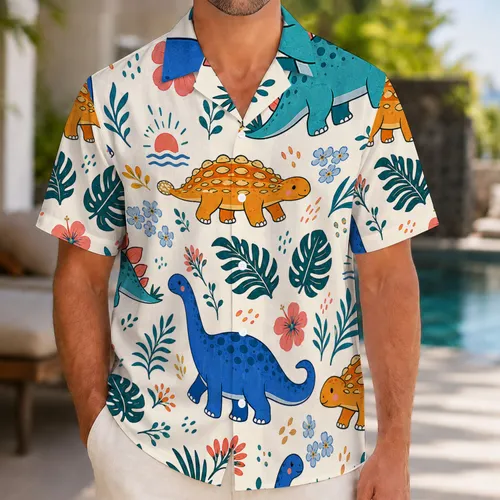 Playful Tropical Dinosaur And Flower Motifs For Beach Vacations And Summer Parties Hawaiian Shirt