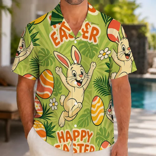 Retro Easter Bunny And Decorated Eggs Tropical Aloha Party Look For Men Spring Vacation Hawaiian Shirt