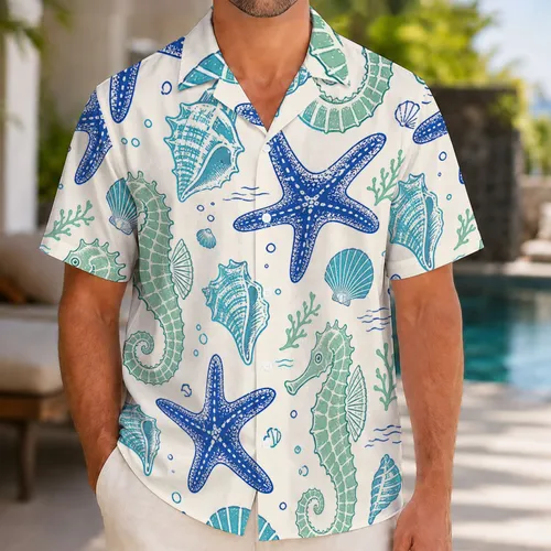 Seahorse Starfish And Shell Coastal Aloha Motifs For Tropical Beach Vacation Lovers Hawaiian Shirt