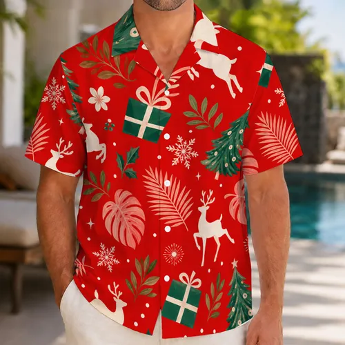 Fun Retro Christmas Reindeer And Tropical Palm Holiday Aloha Resort Gifts For Women Hawaiian Shirt
