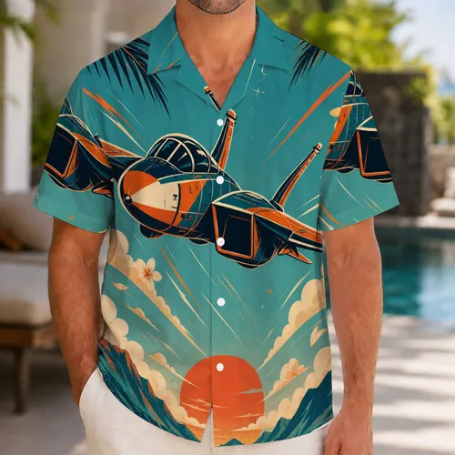 Retro Fighter Jet Tropical Sunset Aloha Style For Beach Vacation And Cruise Adventures Hawaiian Shirt