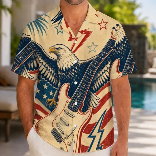 Vintage Patriotic Bald Eagle Electric Guitar For Fourth Of July Rock Music Fans Hawaiian Shirt