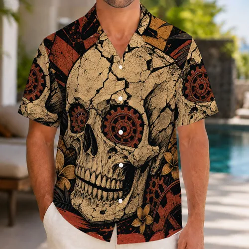 Mechanical Skull Force Tropical Vacation Retro Gothic Party Men's Aloha Style Wear Hawaiian Shirt