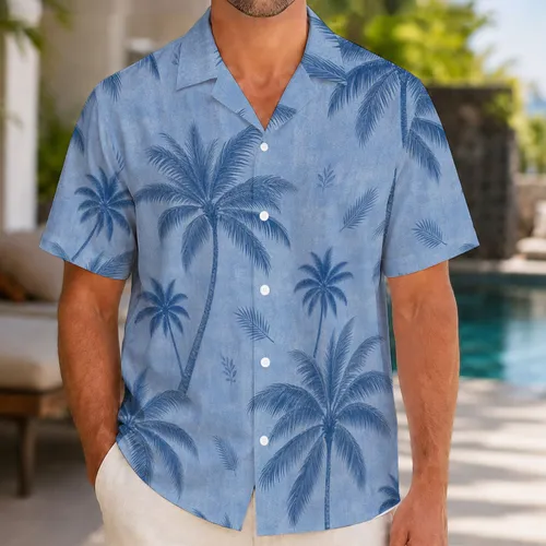 Blue Coconut Palm Silhouettes for Relaxed Resort Vacations and Beach Travel for Men Hawaiian Shirt