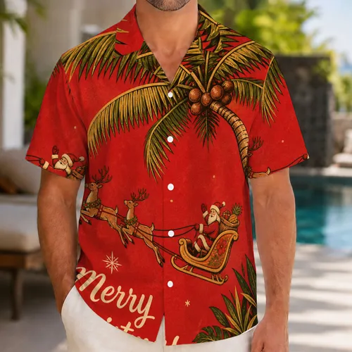 Vintage Santa Sleigh Coconut Palm Christmas Vacation Gift For Men Beach Holiday Lovers Hawaiian Shirt