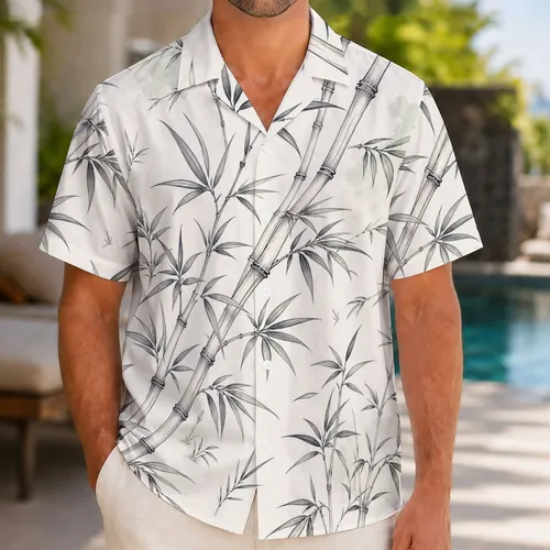Botanical Bamboo Leaves For Coastal Resort Vacations Men's Plus Size Button Pocket Hawaiian Shirt