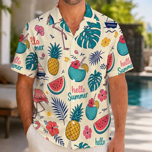 Flamingo Pineapple Watermelon Tropical Resort Camp Shirt for Beach Vacation Wear Men Hawaiian Shirt