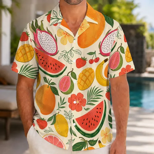 Tropical Fruit Aloha Button Up For Beach Vacations And Summer Resort Wear For Men Hawaiian Shirt