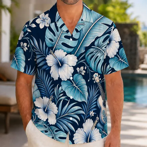 Midnight Blue Tropical Leaves Hibiscus And Ukuleles For Resort Travel And Beach Days Hawaiian Shirt