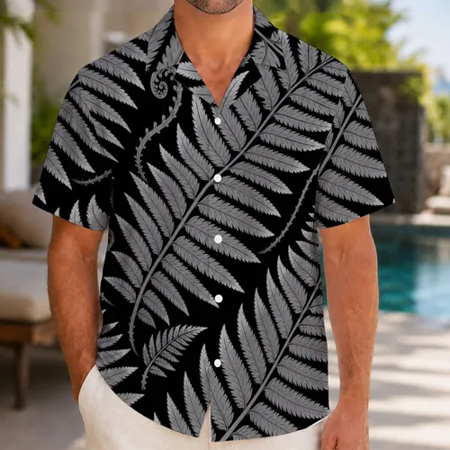 Silver Gray Fern Fronds For Tropical Resort Nights And Coastal Vacation Wear Style Hawaiian Shirt