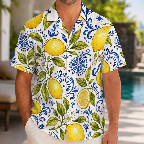 Lemon Citrus Blue Mediterranean Botanical For Summer Beach Vacation Resort Wear Men Hawaiian Shirt