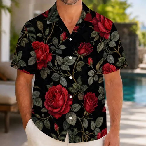 Crimson Red Rose Botanical Floral for Romantic Tropical Nights and Vacation Wear Hawaiian Shirt