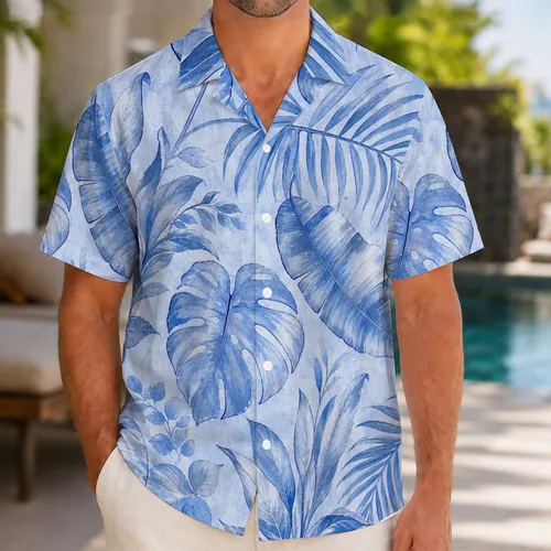 Blue Tropical Leaf Botanical Aloha Beach Vacation Resort Wear for Men on Cruises Hawaiian Shirt
