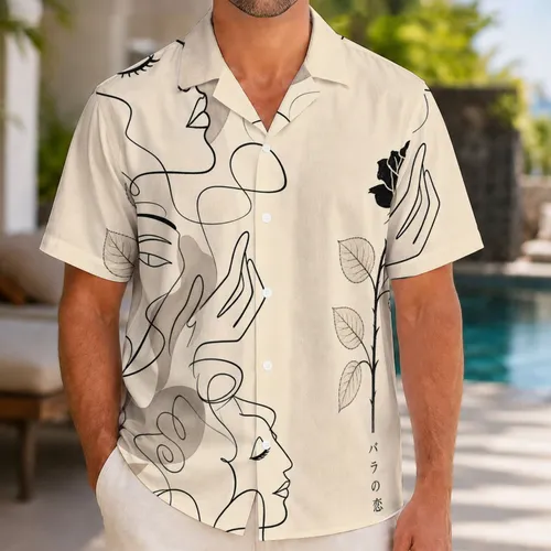 Abstract Line Faces And Botanical Rose Motif For Resort Travel And Creative Style Hawaiian Shirt
