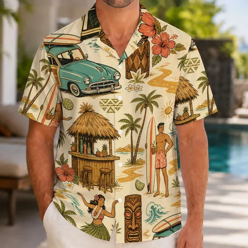 Retro Tiki Beach Wagons And Hula Dancers For Tropical Vacation And Resort Style Men Hawaiian Shirt