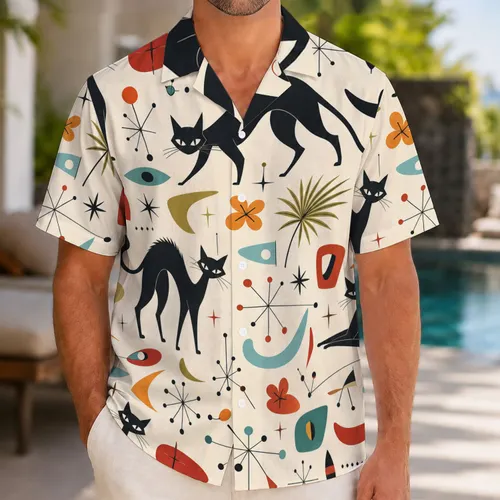 Mid Century Atomic Black Cats And Tropical Motifs For Resort Vacation Big And Tall Men Hawaiian Shirt
