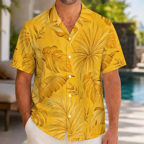 Golden Palm Leaves for Beach Vacations, Resort Travel and Summer Party Wear for Men Hawaiian Shirt