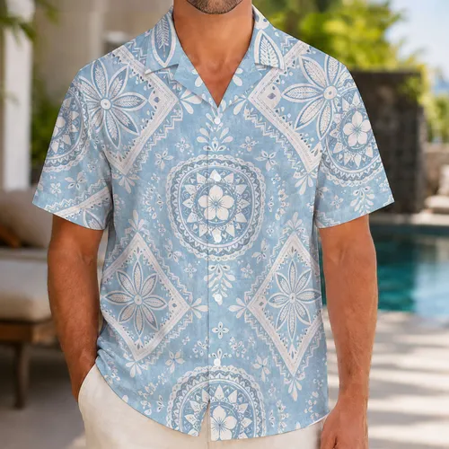Powder Blue Island Lace Medallions for Resort Travel and Coastal Vacation Style Hawaiian Shirt