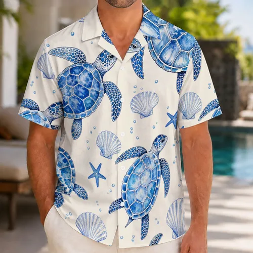 Blue Sea Turtles And Shells For Coastal Vacation Resort Wear And Beach Lovers Gift Hawaiian Shirt