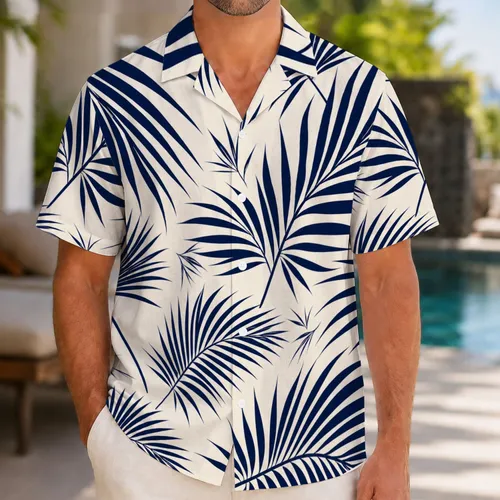 Midnight Navy Palm Leaf Tropical Botanical For Men's Resort Vacation Travel Beach Getaway Hawaiian Shirt