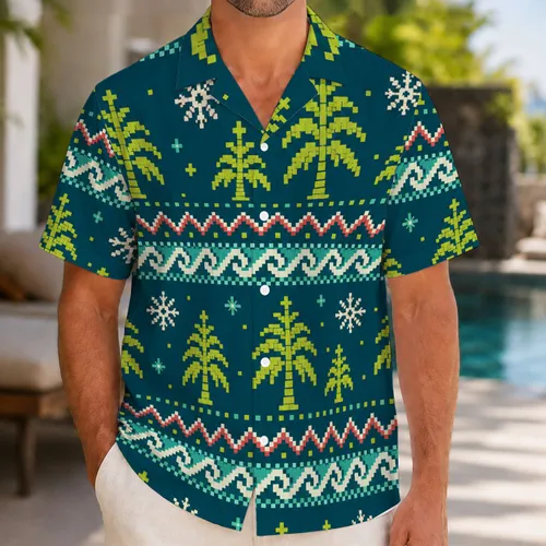 Pixel Christmas Trees And Snowflakes For Tropical Holiday Resort Beach Wear For Men Hawaiian Shirt