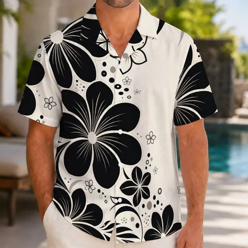 Black And Ivory Tropical Floral Resort Button Up For Beach Travel And Vacation Wear Hawaiian Shirt