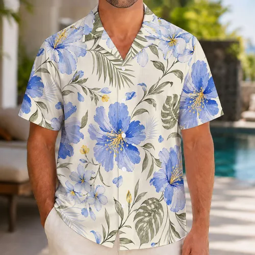 Cornflower Blue Island Flowers For Beach Vacation Travel And Relaxed Resort Style Hawaiian Shirt