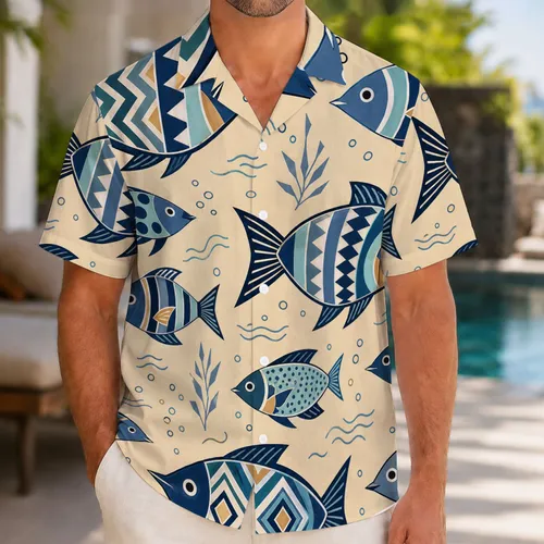 Mid Century Geometric Tropical Fish Coastal Resort Style For Beach Vacation Travel Men Hawaiian Shirt
