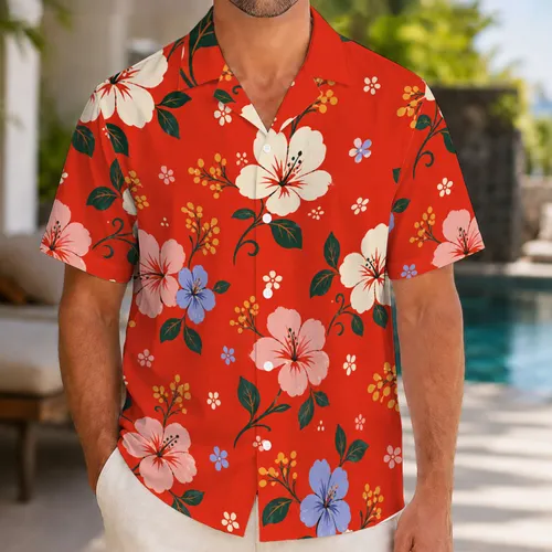 Vermilion Floral Aloha Tropical Resort Wear For Beach Vacation Travel Men Summer Hawaiian Shirt