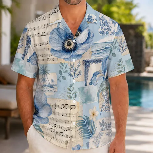 Vintage Blue Floral Music Manuscript Collage for Coastal Vacation Resort Travel Trips Hawaiian Shirt