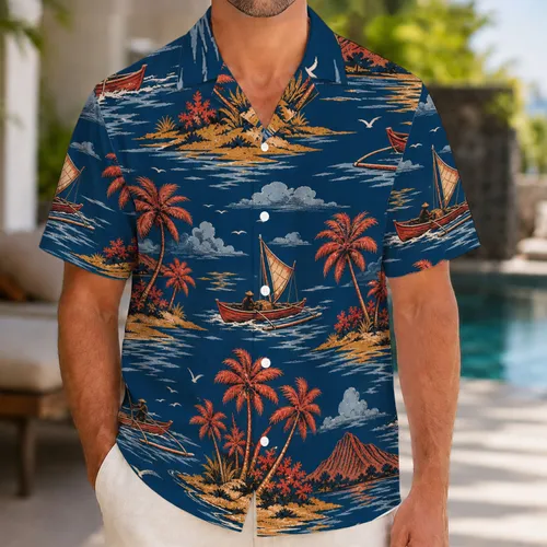 Vintage Island Boats And Palm Trees For Beach Vacation Resort Wear And Summer Travel Hawaiian Shirt