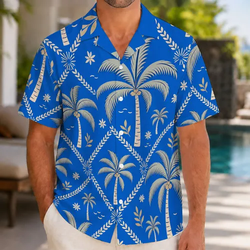 Cobalt Palm Lattice Resort Wear For Beach Vacation Travel And Coastal Getaway Style Hawaiian Shirt