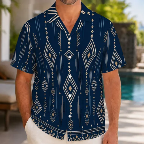 Midnight Navy Tribal Diamond Geometric Motif For Resort Vacation And Beach Travel Men Hawaiian Shirt