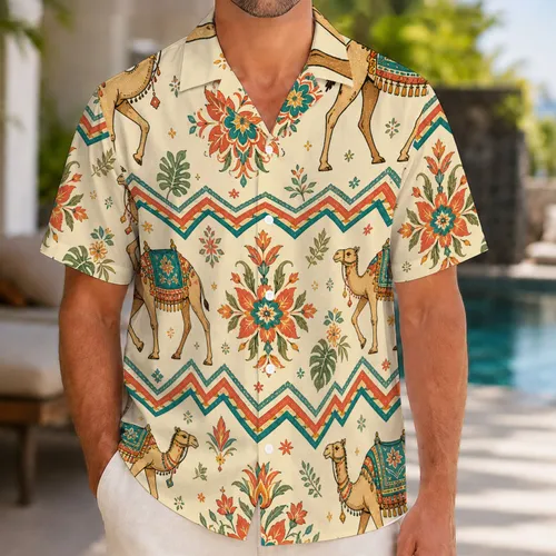 Ornate Camel Floral Chevron Resort Wear for Men Tropical Travel and Beach Holidays Hawaiian Shirt