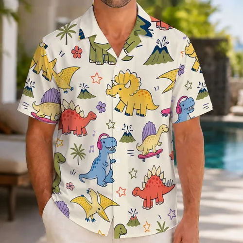 Colorful Dinosaur Aloha Sketches For Beach Vacations, Parties And Retro Style Fans Hawaiian Shirt