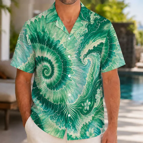 Emerald Nautilus Tie Dye Spiral For Beach Vacations And Coastal Resort Relaxed Wear Hawaiian Shirt