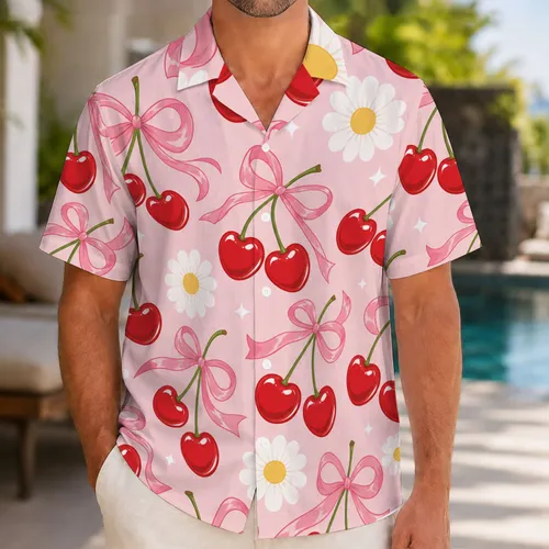 Retro Red Cherry Pink Bow Daisy Motif for Tropical Vacations and Resort Party Wear Hawaiian Shirt