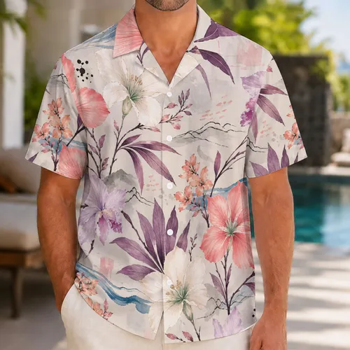 Coral Orchid Botanical Flowers For Tropical Resort Vacation Beach Travel For Men Hawaiian Shirt