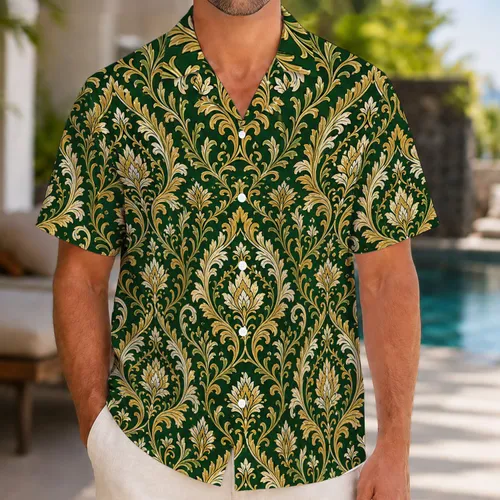 Forest Green Gold Botanical Arabesque Motifs for Resort Travel and Vintage Style Hawaiian Shirt