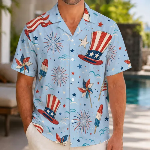 Retro Patriotic Flags Fireworks For Fourth Of July Beach Parties And Summer Travel Hawaiian Shirt