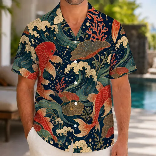 Japanese Koi Fish Ukiyo-E Ocean Waves for Tropical Vacation Resort Wear Beach Getaways Hawaiian Shirt