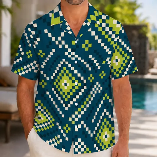 Retro Pixel Diamond Mosaic For Beach Resort Travel And Casual Summer Men's Outfits Hawaiian Shirt