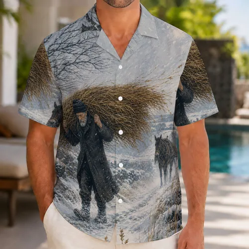 Vintage Winter Hay Carrier and Mule Scene for Rustic Holiday Travel and Farm Style Hawaiian Shirt