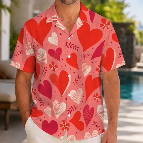 Coral Pink Valentine Hearts With Aloha Florals for Tropical Vacation Getaway Style Hawaiian Shirt
