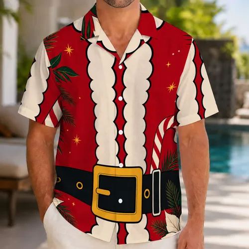 Santa Suit Belt And Candy Cane Holiday Party Retro Tropical Wear For Men And Women Hawaiian Shirt