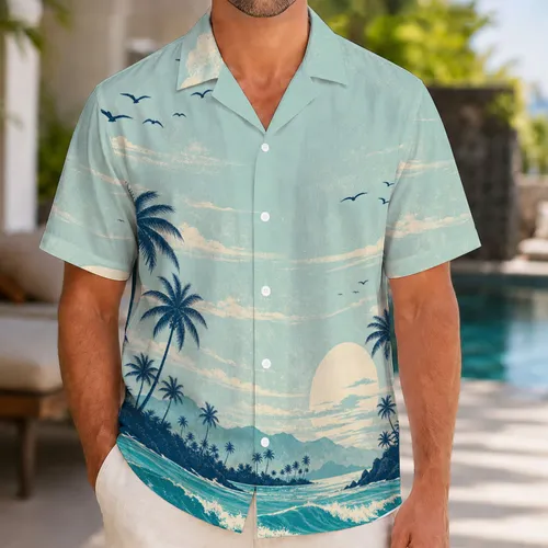 Retro Tropical Island Sunset Palm Trees for Beach Vacation Resort Travel Wardrobe Hawaiian Shirt
