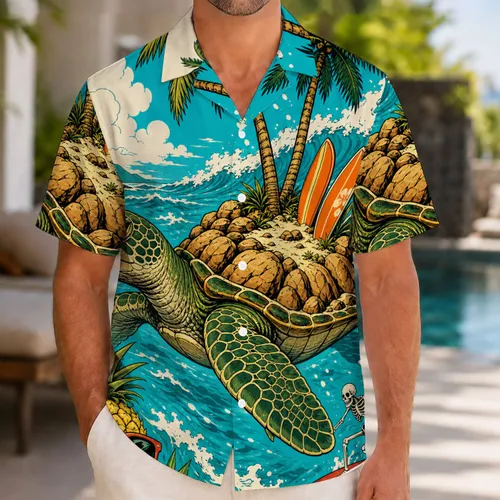 Green Sea Turtle With Palm Island And Surfboards For Beach Party Vacation Style Men Hawaiian Shirt