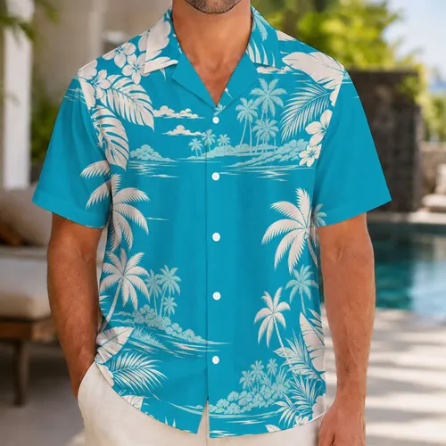 Turquoise Palm And Hibiscus Resort Style For Beach Vacations And Summer Parties Men Hawaiian Shirt